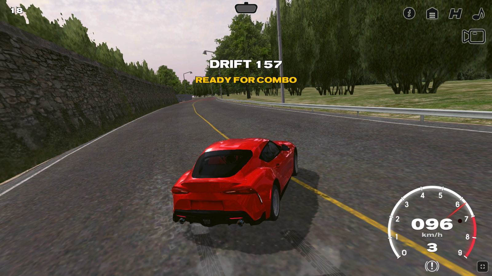 Drift King mid-drift with combo system active Drift King mid-drift gameplay showing DRIFT 157 score and READY FOR COMBO indicator