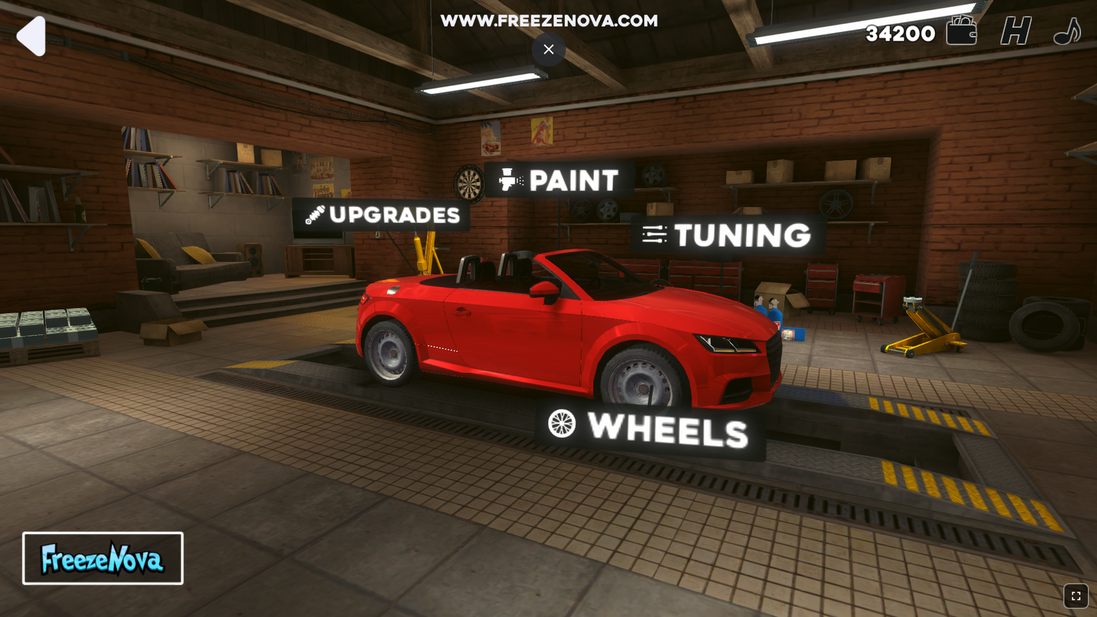 The Drift King garage with four customization sections Drift King garage menu showing UPGRADES, PAINT, TUNING, WHEELS options on an Audi TT