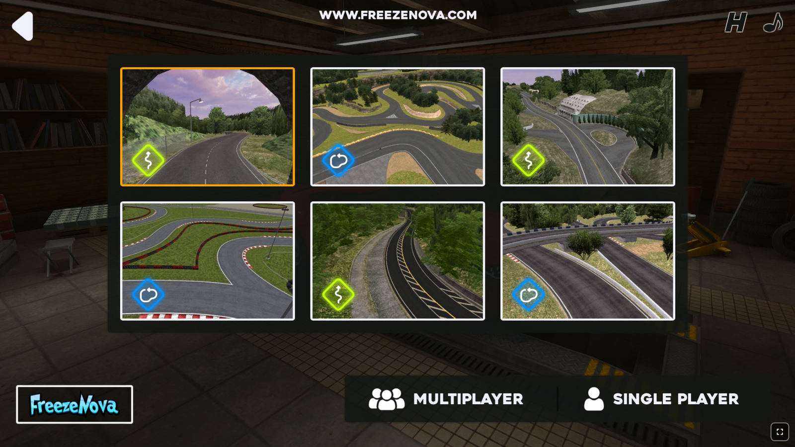 The 6 Drift King maps Drift King map selection screen showing all 6 available maps